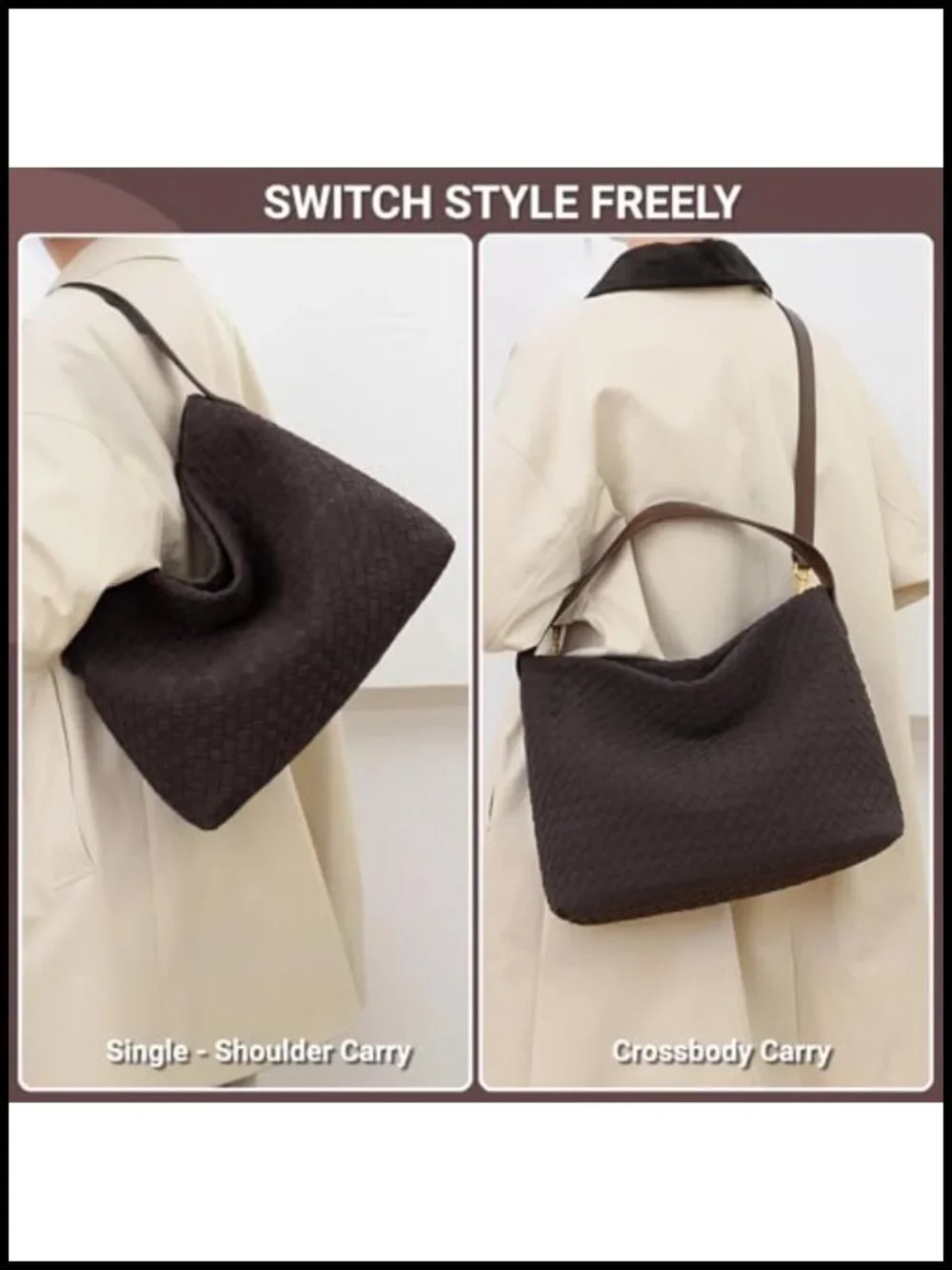 Woven Suede Hobo Bag Women Slouchy Shoulder Tote Purse Crossbody Strap
